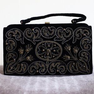 Vintage Black Velvet Embroidered Evening Clutch